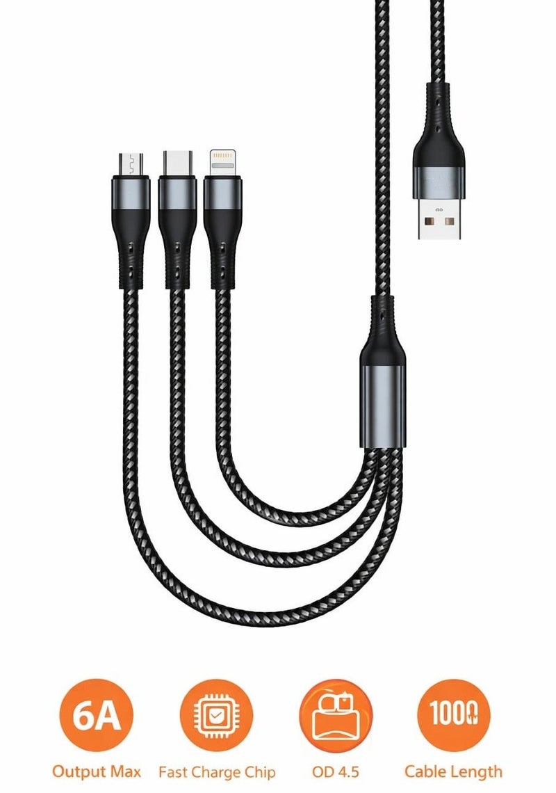 وصلة كابل شحن سريع 3 في 1 بقدرة 120 واط و6 أمبير – USB إلى تايب سي + لايتنينج + مايكرو USB، كابل متعدد الشحن مضفر بطول 1 متر متوافق مع آيفون وأندرويد